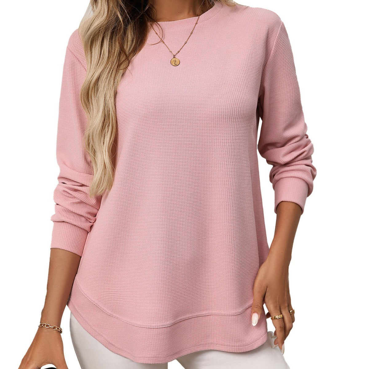 European And American Loose Waffle Casual All-match T-shirt Knitted Long Sleeve