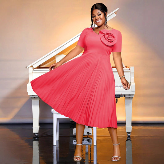 Women's Watermelon Red Short-sleeved Lace Mid-length Summer Pleated Dress