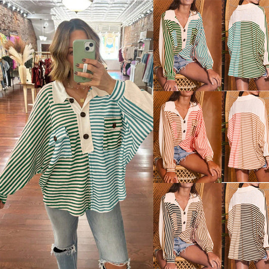 European And American Retro Street Idle Style Loose Striped Polo Shirt