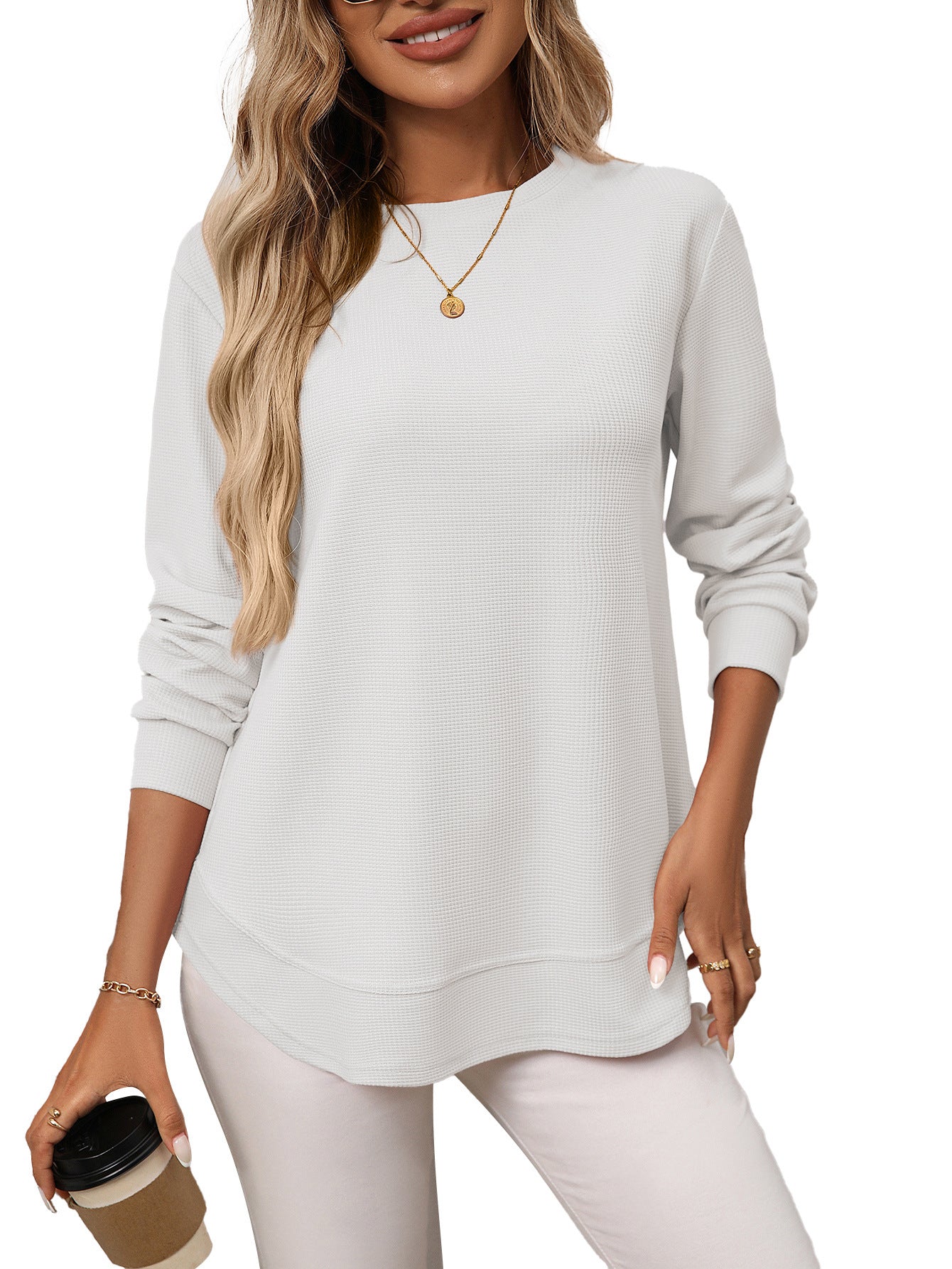 European And American Loose Waffle Casual All-match T-shirt Knitted Long Sleeve