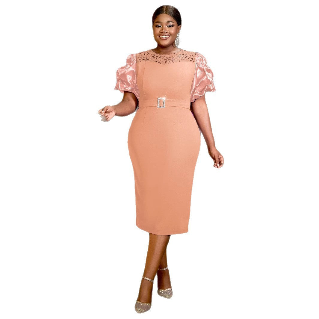 Water Soluble Lace Short Sleeve Satin Stitching Sleeves High Waist Slit Party Dress Skirt
