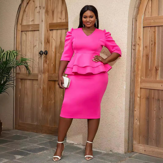 Pleated Sleeve Stitching Flab Hiding High Waist Dress