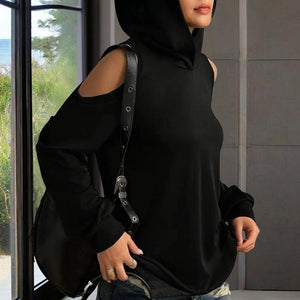 Women's Solid Color Long Sleeve Off-Shoulder Hoodie - Spring & Summer Fashion Casual Pullover Top