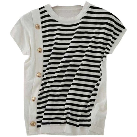 Round Neck Black And White Striped T-shirt For Women