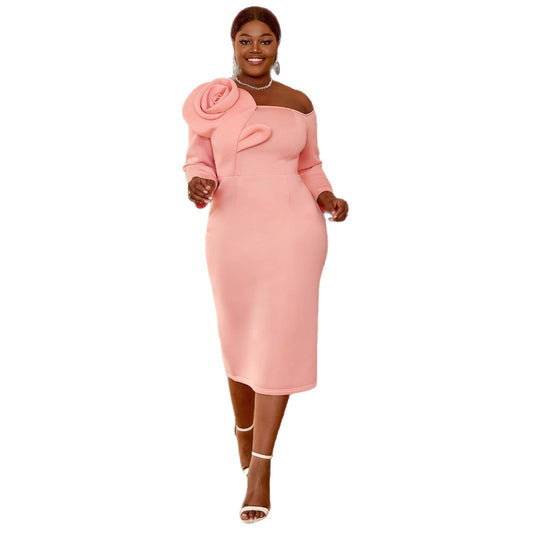 Elegant Bell Sleeve Three-dimensional Flower Dress Back Slit Dress