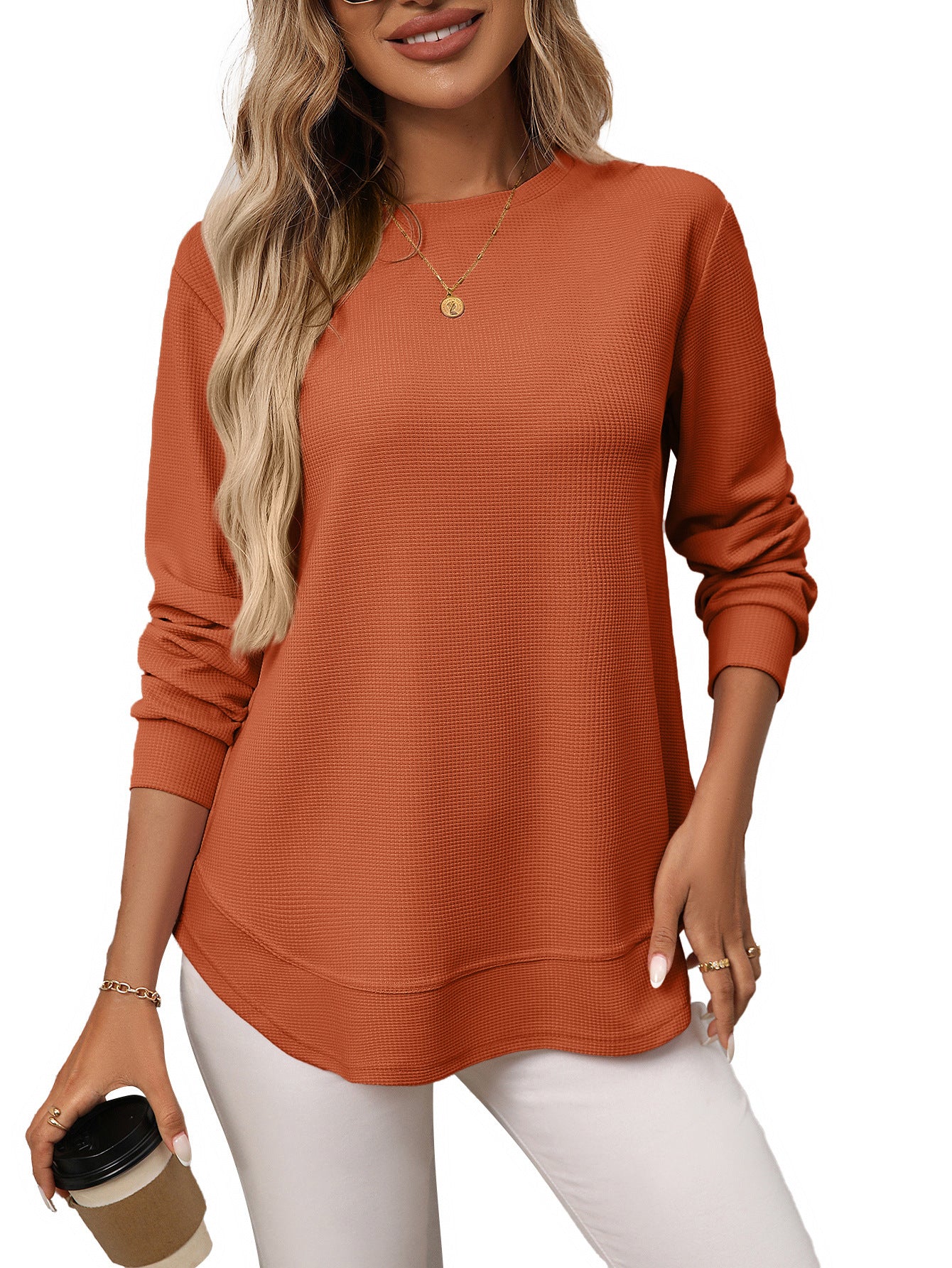 European And American Loose Waffle Casual All-match T-shirt Knitted Long Sleeve