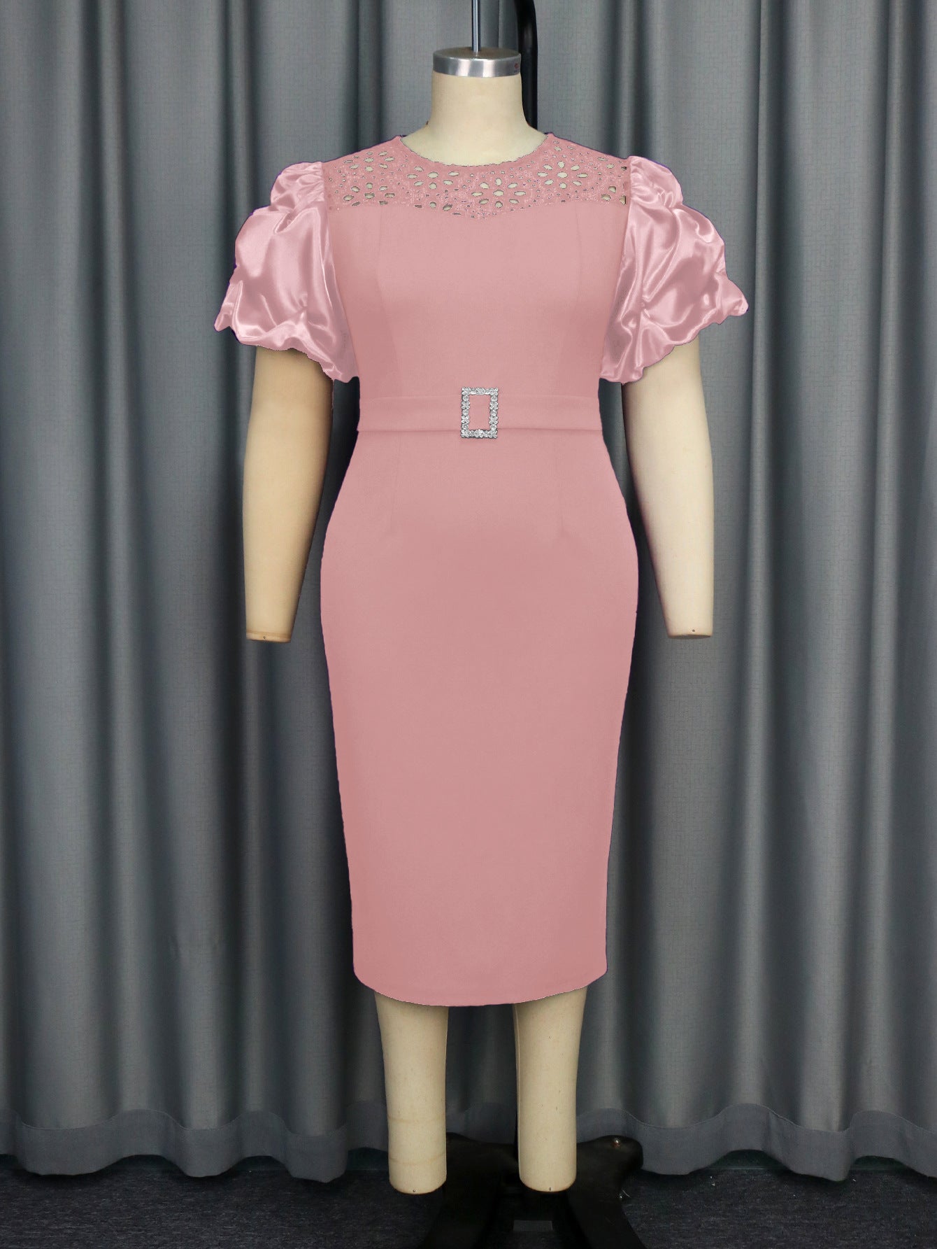 Water Soluble Lace Short Sleeve Satin Stitching Sleeves High Waist Slit Party Dress Skirt