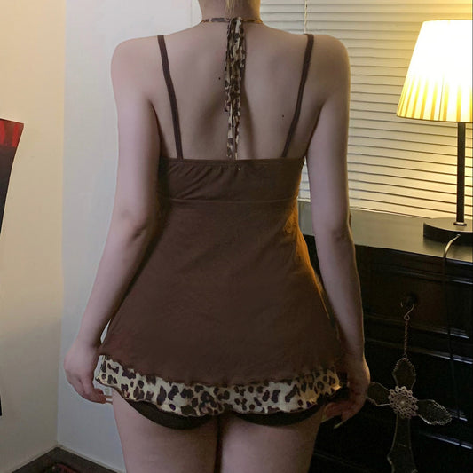 Sense Leopard Splicing Sling Niche Beaded Halter Tied Top