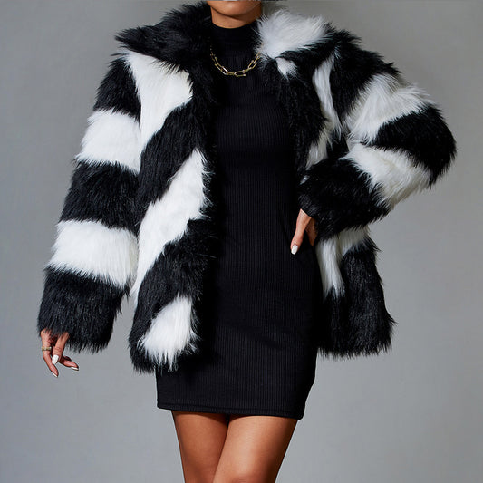 Lapel Contrast Color Minimalist Trendy Fur Coat