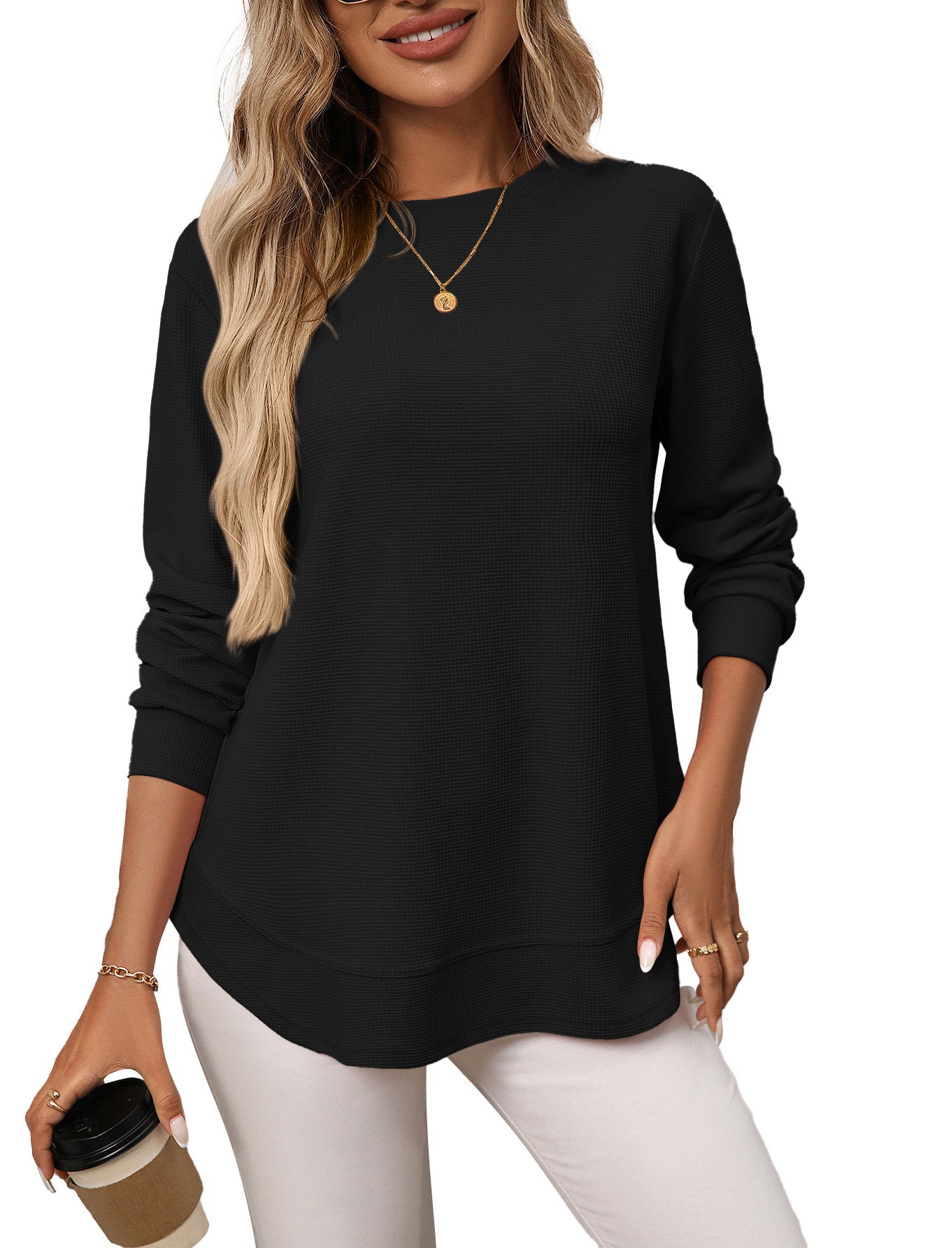 European And American Loose Waffle Casual All-match T-shirt Knitted Long Sleeve