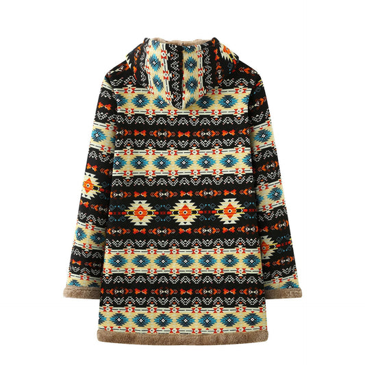 Printed Hooded Warm Plush Long Sleeve Coat