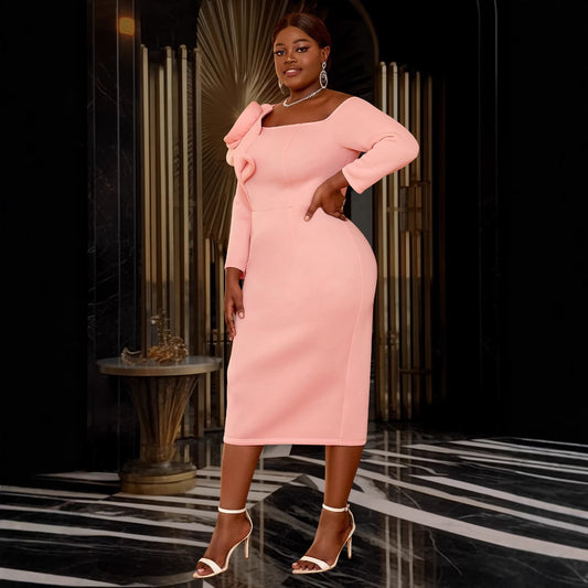 Elegant Bell Sleeve Three-dimensional Flower Dress Back Slit Dress