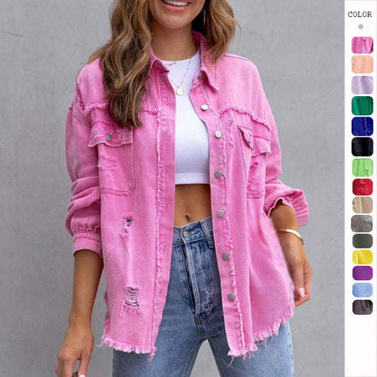 Distressed Denim Jacket Women's Long Sleeve Shirt Casual Lapel Coat With Raw Hem Details