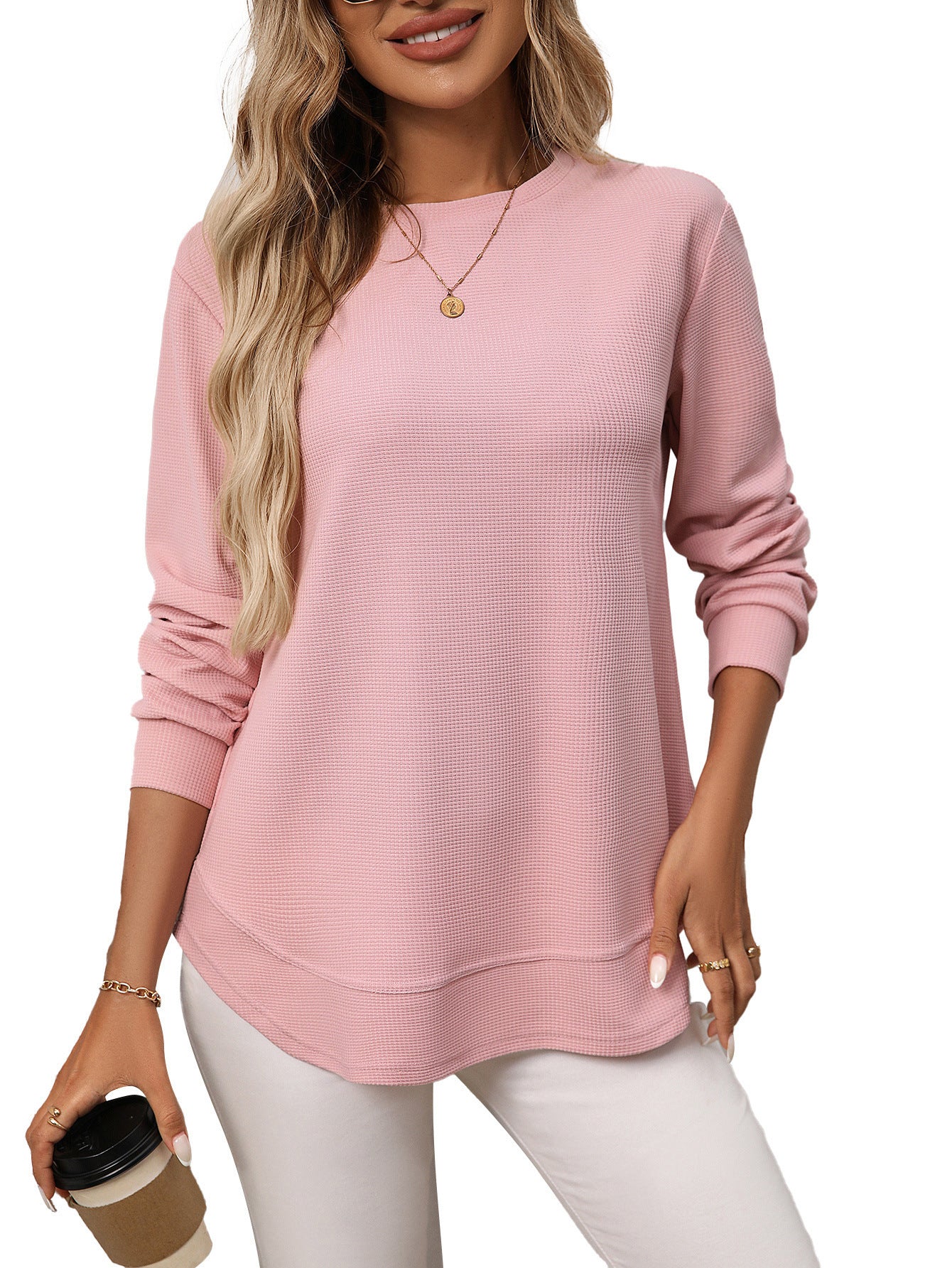 European And American Loose Waffle Casual All-match T-shirt Knitted Long Sleeve