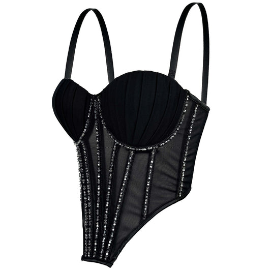 Sexy Mesh With Braces And Breast Pad Can Be Worn Outside Rhinestone Fishbone Plastic Bra