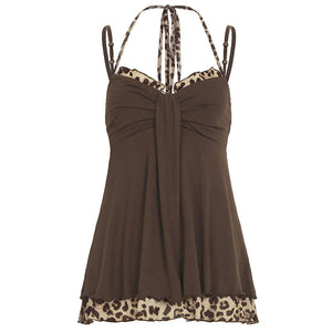 Sense Leopard Splicing Sling Niche Beaded Halter Tied Top