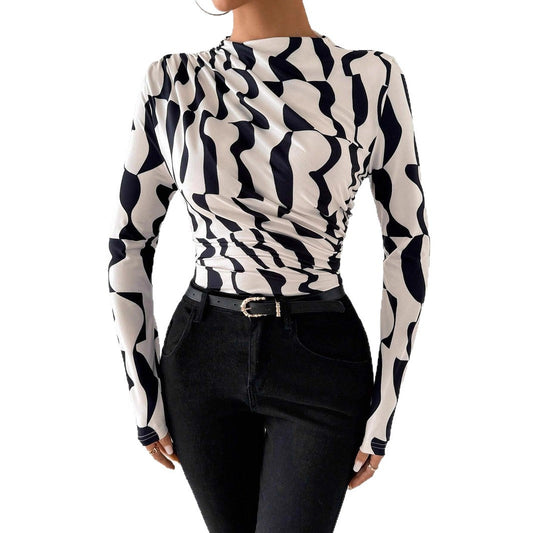 European And American Small Stand Collar Pleated Edge Printing Slim Fit Slimming Top Women