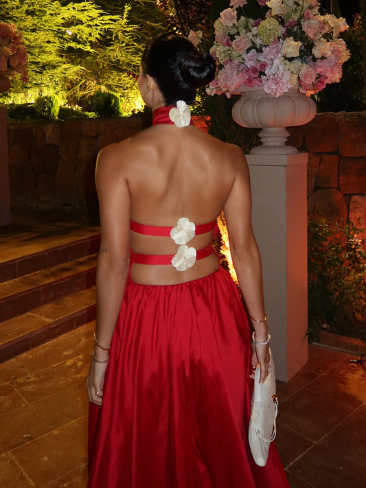 Halter-Neck Keyhole Gown With Flower Accent