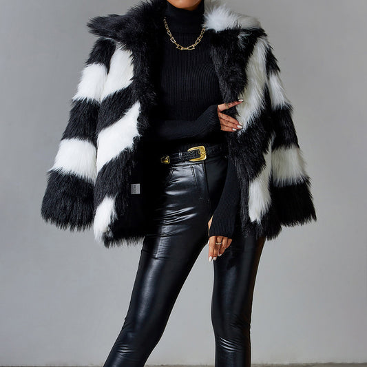 Lapel Contrast Color Minimalist Trendy Fur Coat