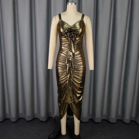 Female Solid Color Summer Sling Golden Party Dress