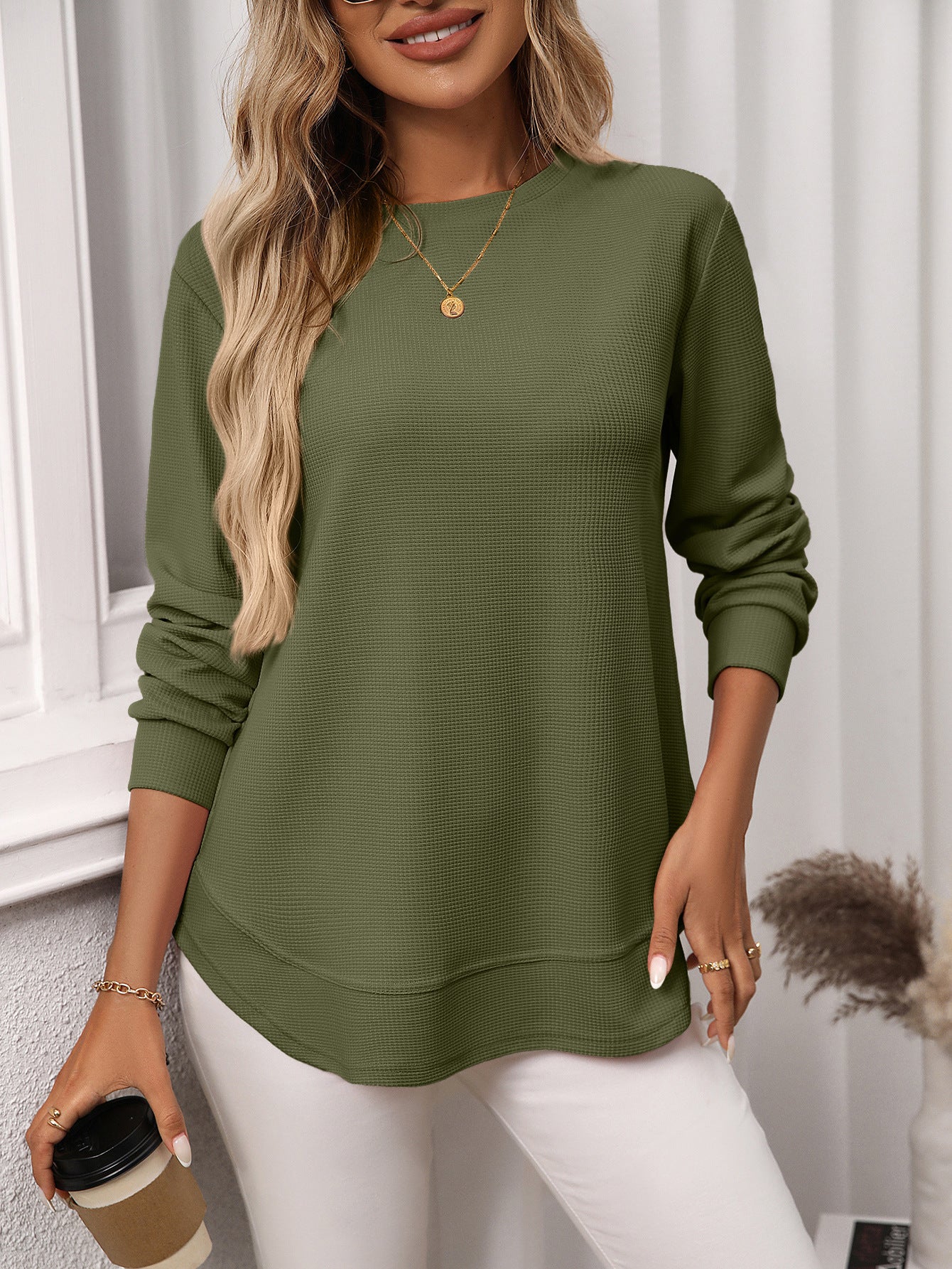 European And American Loose Waffle Casual All-match T-shirt Knitted Long Sleeve