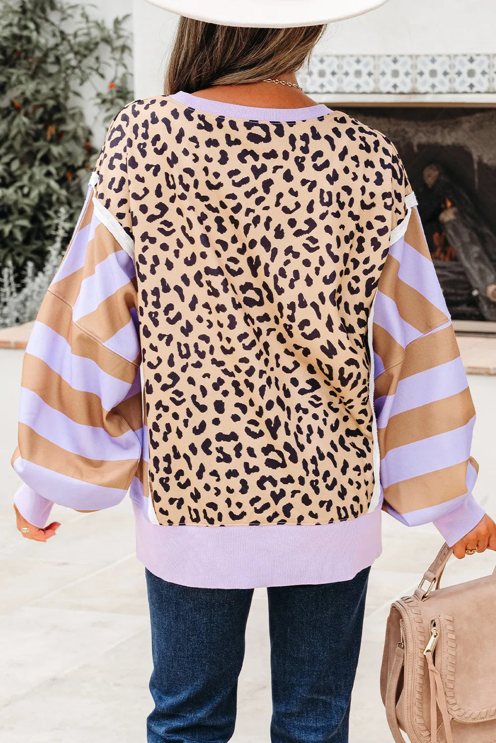 Purple Stripe Color Block Patchwork Leopard Casual Sweatshirt With Slits