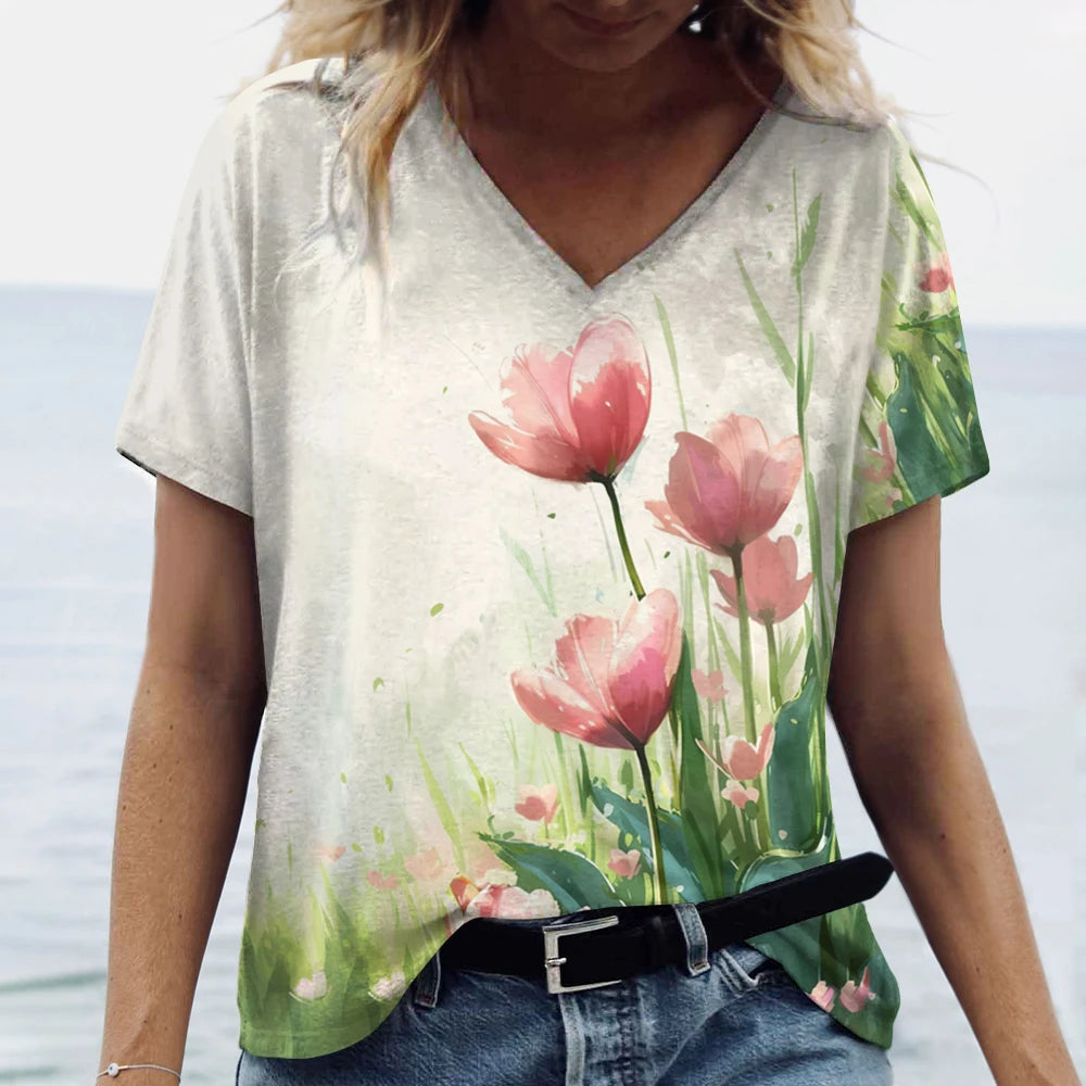 Blossom V-Neck Summer T-Shirt