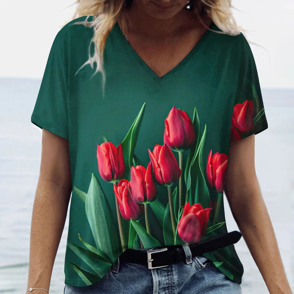 Blossom V-Neck Summer T-Shirt