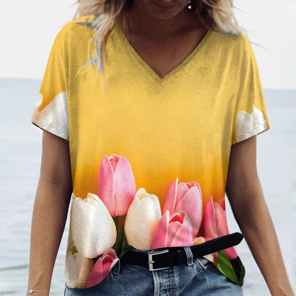 Blossom V-Neck Summer T-Shirt