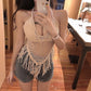 Summer New Sneaky Design Sexy Backless Seaside Holiday Halter Knitted Short