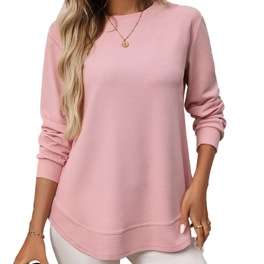 European And American Loose Waffle Casual All-match T-shirt Knitted Long Sleeve