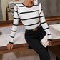 Casual Contrast Color Striped Crew Neck Long Sleeves Top