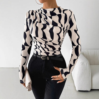 European And American Small Stand Collar Pleated Edge Printing Slim Fit Slimming Top Women