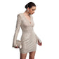 Sequin Nail Bubble Beads Front Chest Hollow Slim Slit Long Sleeve Dress