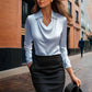 Women's Elegant Long Sleeve Blouse - Solid Color Lapel Top With Ruched Chest Detail Office & Casual Wear For Spring Fall