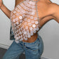 Fishnet Rhinestone Halter Spaghetti Straps Sequined Top