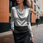 Women's Elegant Long Sleeve Blouse - Solid Color Lapel Top With Ruched Chest Detail Office & Casual Wear For Spring Fall