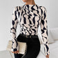 European And American Small Stand Collar Pleated Edge Printing Slim Fit Slimming Top Women