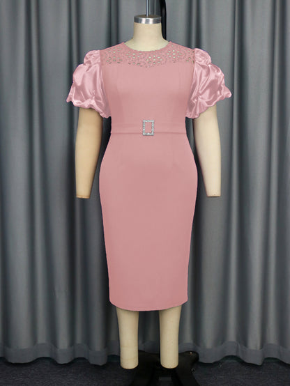 Water Soluble Lace Short Sleeve Satin Stitching Sleeves High Waist Slit Party Dress Skirt