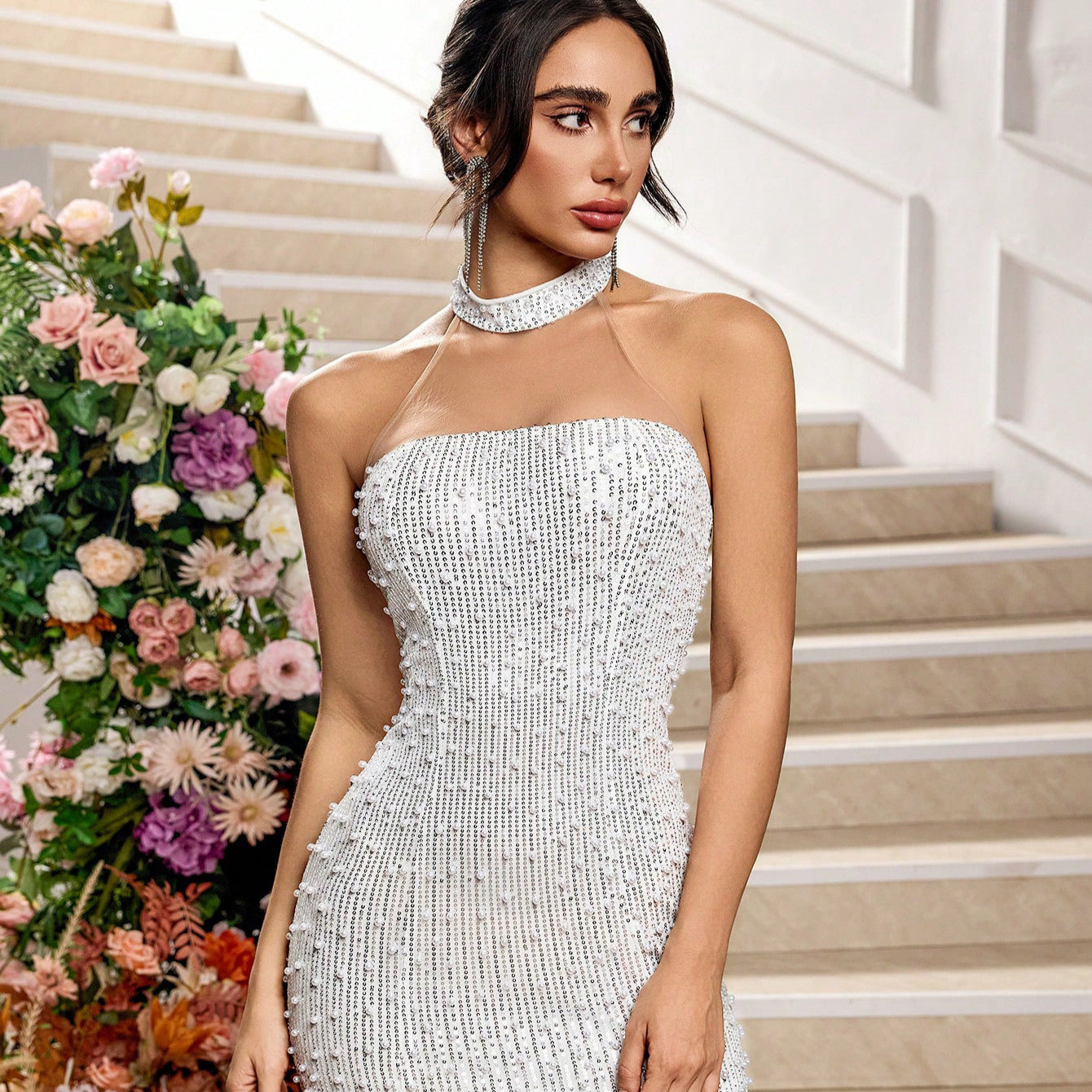 Fashion Solid Color Sexy Hollow-out Lace Evening Dress