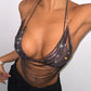 Sling Fishnet Rhinestone Halter Top Metal Decoration Two-piece Set
