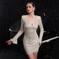 Sequin Nail Bubble Beads Front Chest Hollow Slim Slit Long Sleeve Dress