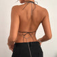 Sling Fishnet Rhinestone Halter Top Metal Decoration Two-piece Set