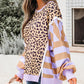 Purple Stripe Color Block Patchwork Leopard Casual Sweatshirt With Slits