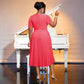Women's Watermelon Red Short-sleeved Lace Mid-length Summer Pleated Dress