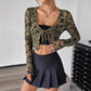 European And American Elegant Women's Transparent Mesh Flocking Front Lace-up Top