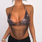 Sling Fishnet Rhinestone Halter Top Metal Decoration Two-piece Set