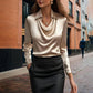 Women's Elegant Long Sleeve Blouse - Solid Color Lapel Top With Ruched Chest Detail Office & Casual Wear For Spring Fall