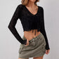 European And American Elegant Women's Transparent Mesh Flocking Front Lace-up Top