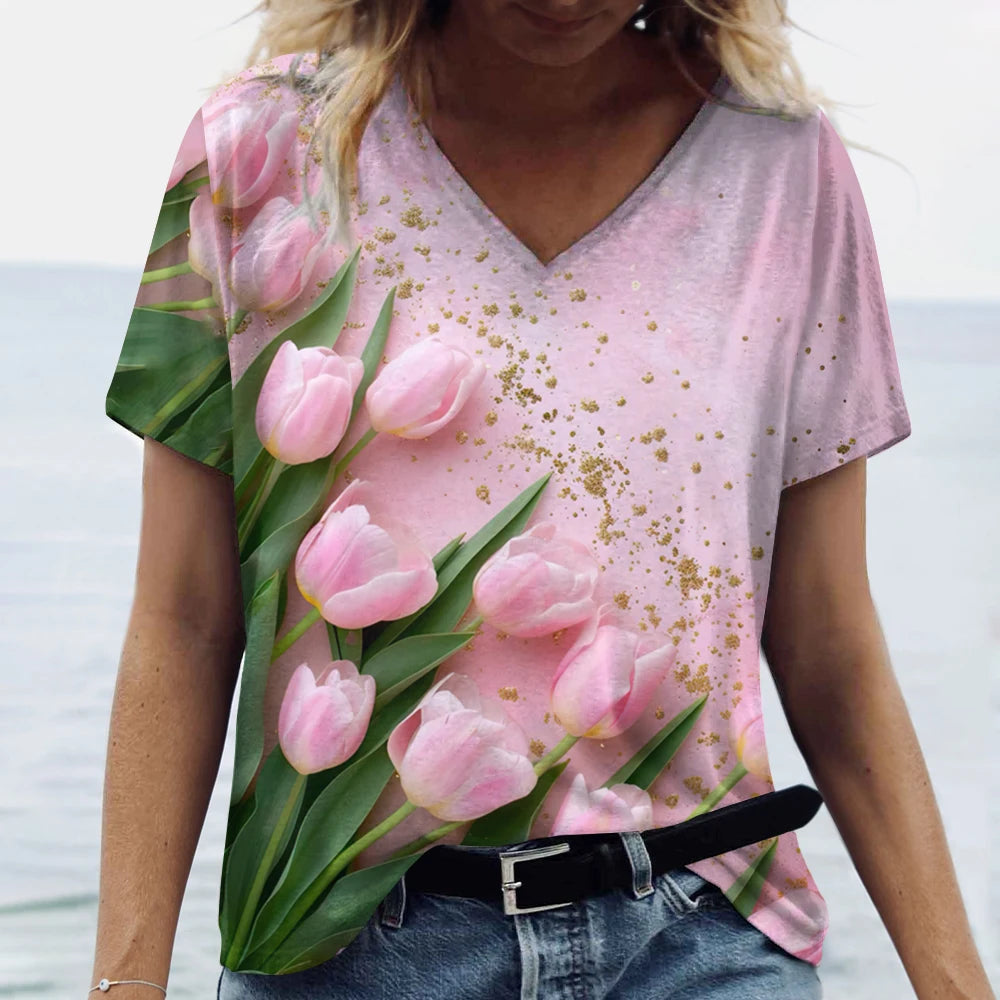 Blossom V-Neck Summer T-Shirt